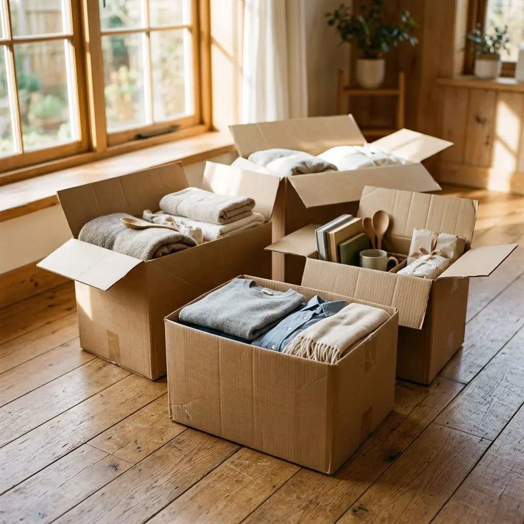 Cajas de donación con ropa, frazadas y enseres listos para recoger