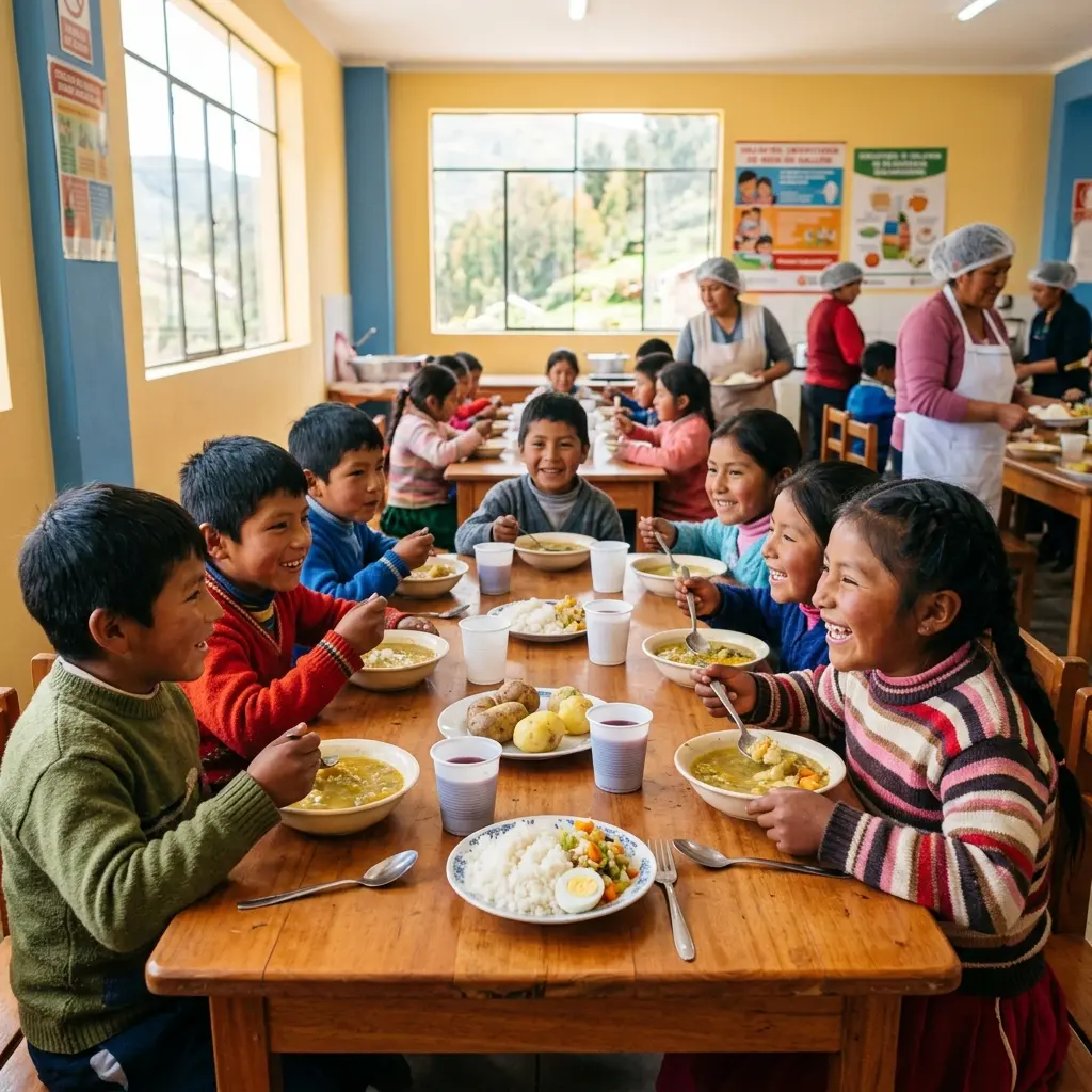 Niños almorzando en un comedor popular apoyado por Traperos de Emaús en Lima